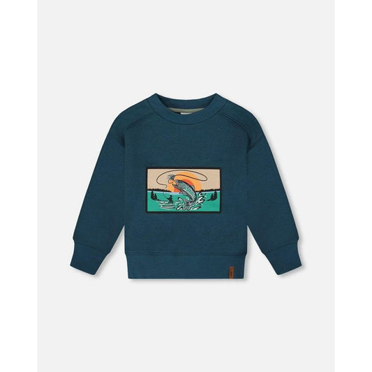 Deux par Deux Boy Pullover French Terry Graphic Sweatshirt Teal and Peach