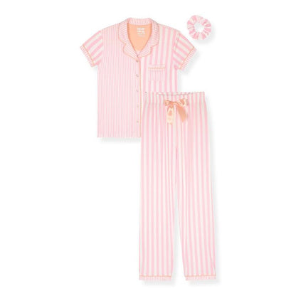 Sleep On It Girls 2-Piece Short-Sleeve Button Down Coat Pajama Pant Set with Matching Scrunchie