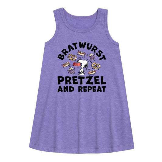 Girls' - Peanuts - Bratwurst Pretzel And Repeat Snoopy Graphic Sleeveless Aline Dress