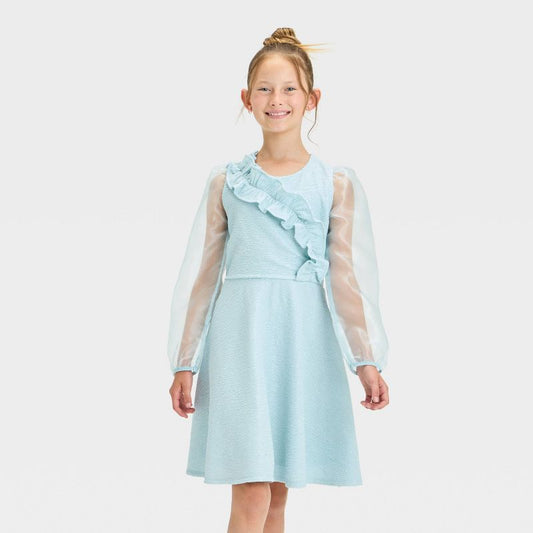 Girls' Astrid Long Sleeve Empire Waist Dress - Sky Blue