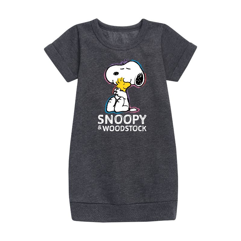 Girls' - Peanuts - Snoopy And Woodstock Graphic Short Sleeve Fleece Dress