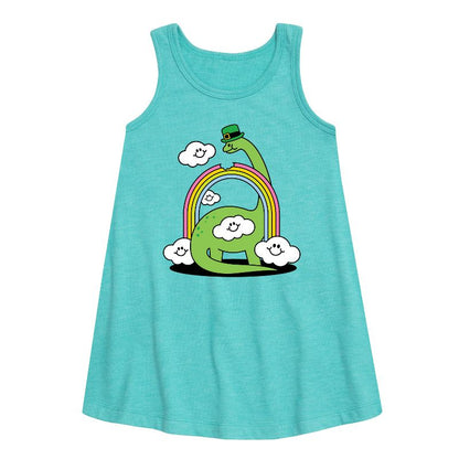 Girls' - Instant Message - St. Patrick's Day Dinosaur Eatting Rainbow Graphic Sleeveless Aline Dress