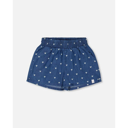 Deux par Deux Girl Printed Chambray Short Navy Blue and White Hearts