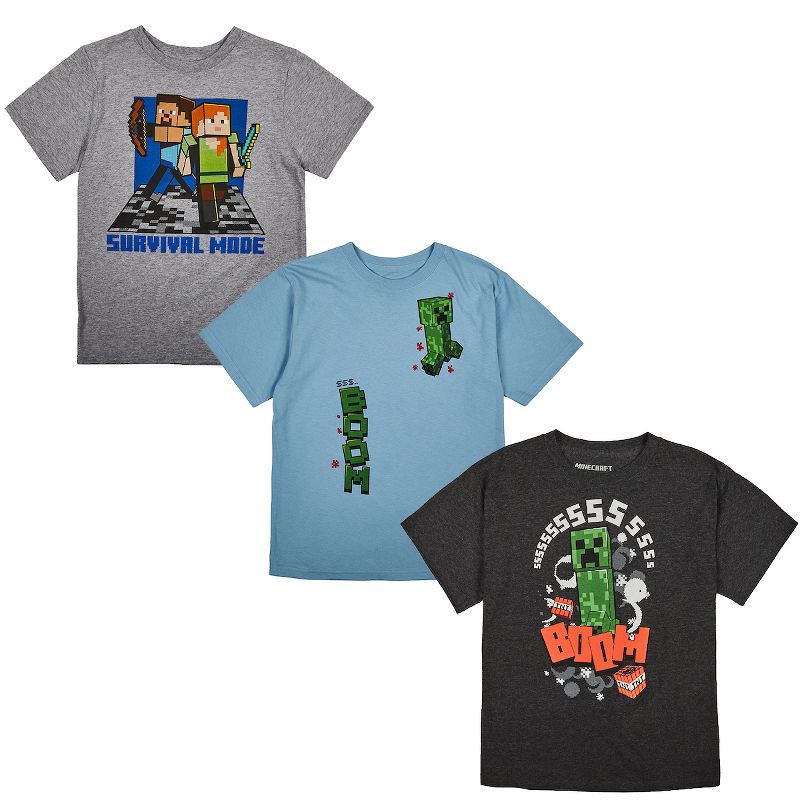 مجموعة من 3 تي شيرتات للأولاد بياقة دائرية وأكمام قصيرة من Minecraft Boom Survival Mode