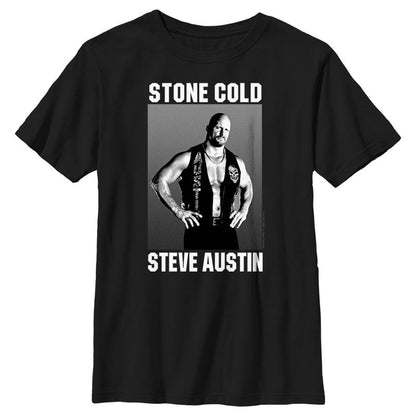 تي شيرت WWE Stone Cold Steve Austin للأولاد باللونين الأبيض والأسود