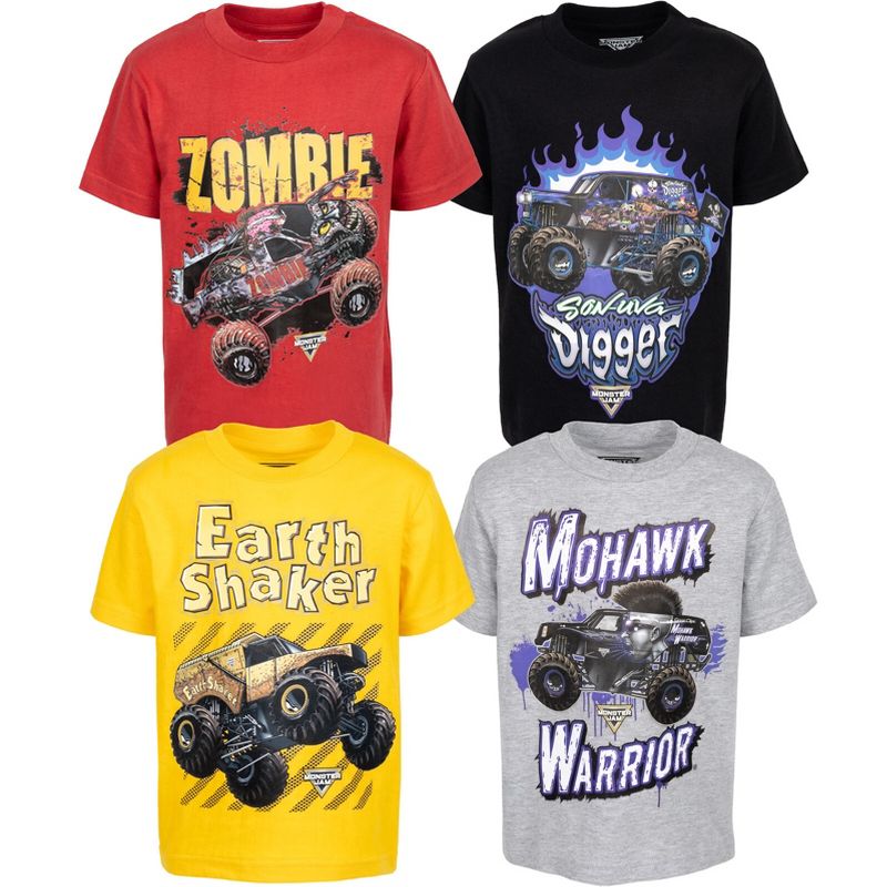 تيشيرتات Monster Jam Grave Digger El Toro Loco Megalodon، عبوة من 4 قطع