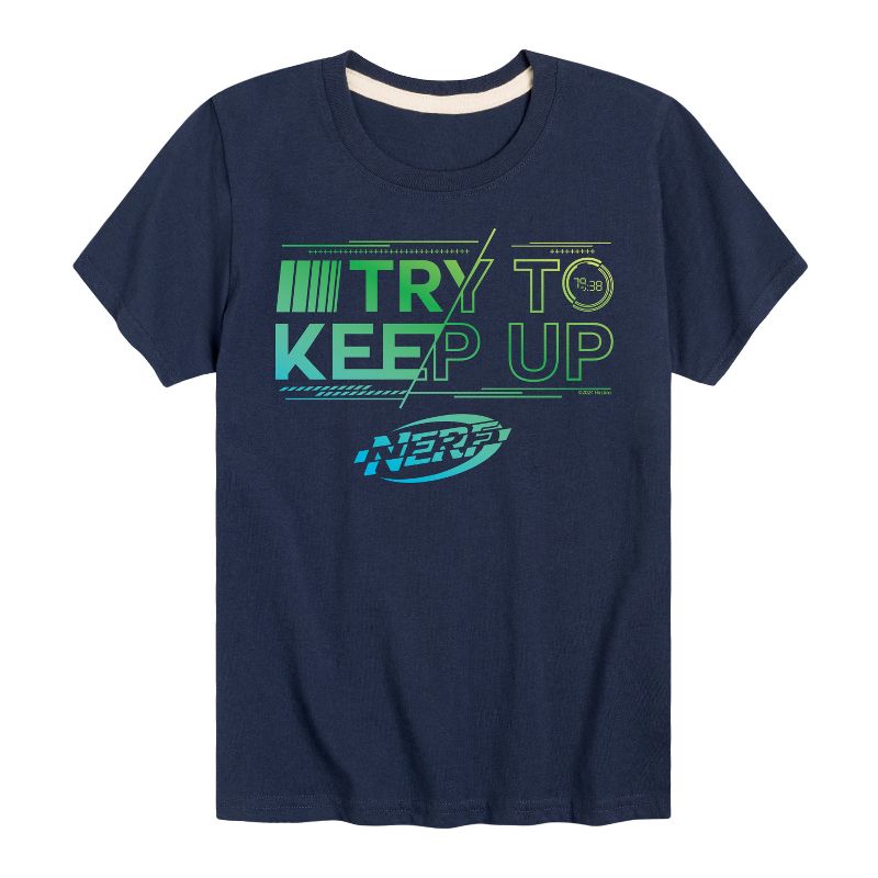 تي شيرت NERF للأولاد بأكمام قصيرة مطبوع عليه عبارة "حاول مواكبة لعبة NERF"
