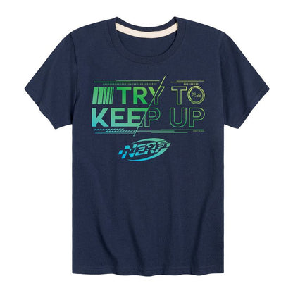 تي شيرت NERF للأولاد بأكمام قصيرة مطبوع عليه عبارة "حاول مواكبة لعبة NERF"