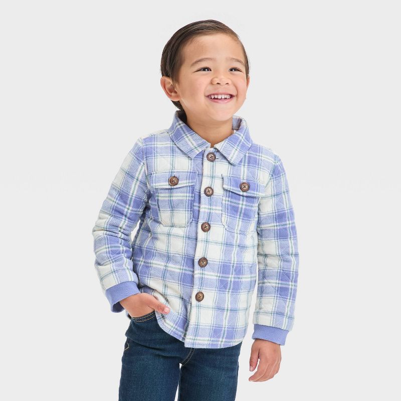 OshKosh B'gosh Toddler Boys' Long Sleeve Plaid Quilted Button Up Jacket - Cream/Blue