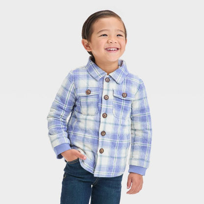 OshKosh B'gosh Toddler Boys' Long Sleeve Plaid Quilted Button Up Jacket - Cream/Blue