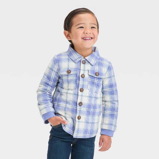 OshKosh B'gosh Toddler Boys' Long Sleeve Plaid Quilted Button Up Jacket - Cream/Blue