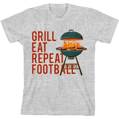 Grill, Eat, Repeat, Football Youth Crew Neck Short Sleeve Tee