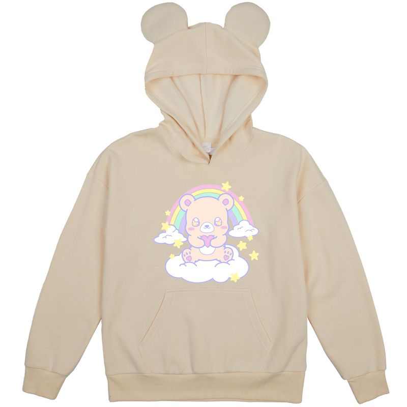 Bear Heart & Rainbow Youth Off-White Long Sleeve Hooded Sweatshirt With 3D Ears