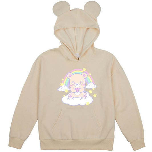 Bear Heart & Rainbow Youth Off-White Long Sleeve Hooded Sweatshirt With 3D Ears