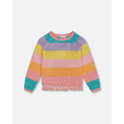 Deux par Deux Girl Organic Cotton Sweater with Fringe Multicolor Stripes