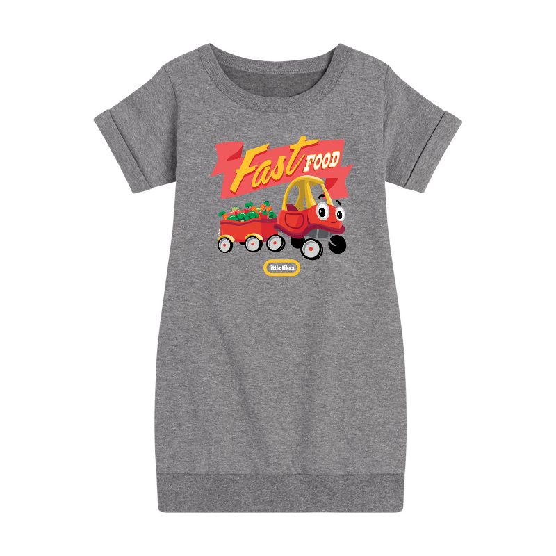 فستان من الصوف بأكمام قصيرة مطبوع عليه رسومات لسحب الوجبات السريعة للبنات - ليتل تايكس