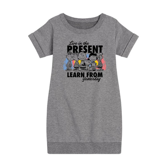 Girls' - Peanuts - Live In The Present Learn From Yesterday Graphic Short Sleeve Fleece Dress