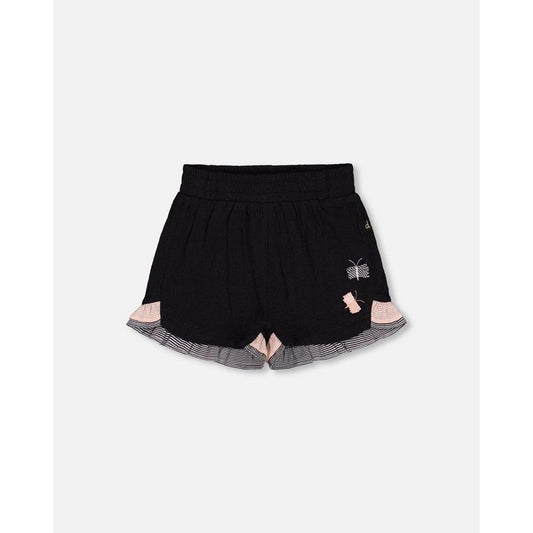 Deux par Deux Girl Crinkle Short with Frills Black and Butterflies