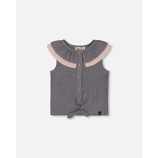 Deux par Deux Girl Sleeveless Top with Front Tie Black and Sparkling Pink