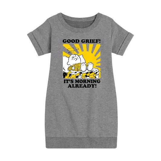 Girls' - Peanuts - Its Morning Already Graphic Short Sleeve Fleece Dress