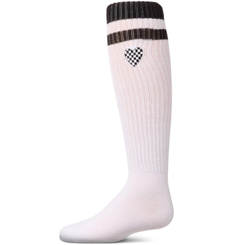 Memoi Girls Ribbed Varsity Stripe "Checkered Heart" Cotton Rich Knee Sock