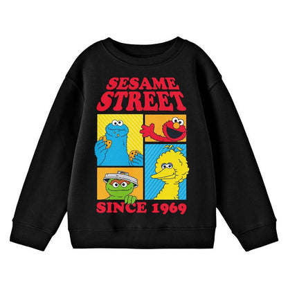 Sesame Street Since 1969 Boxed Character Art Crew Neck Long Sleeve Youth Black Sweatshirt