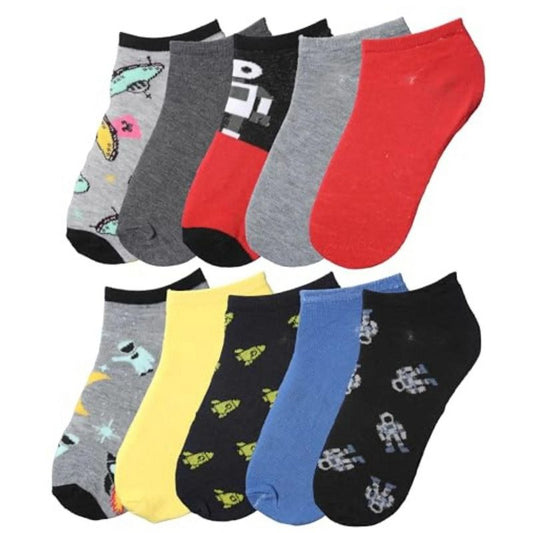 Big Kids Boys 10 Pairs Classy Lightweight Novelty Astronaut Rocket & Robot Pattern Ankle/Low Cut Socks