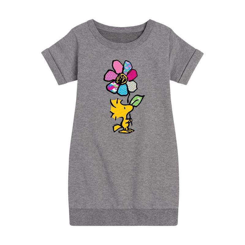 Girls' - Peanuts - Woodstock With Flower And Pattern Graphic Short Sleeve Fleece Dress