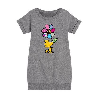 Girls' - Peanuts - Woodstock With Flower And Pattern Graphic Short Sleeve Fleece Dress