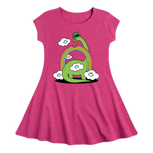 Girls' - Instant Message - St. Patrick's Day Dinosaur Eatting Rainbow Fit & Flair Cap Sleeve Dress