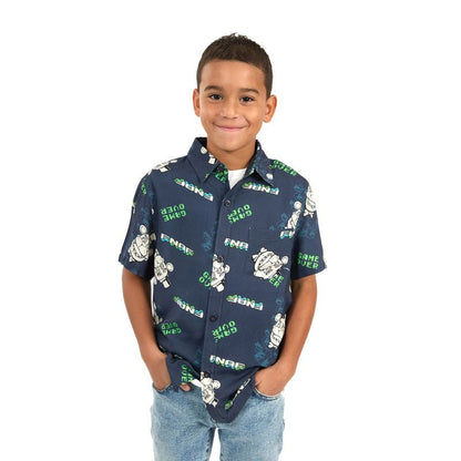 Five Nights At Freddy's Freddy Game Over All-Over Print Boy's Navy Short Sleeve Button-Down Shirt
