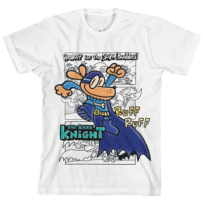 Dog Man Hand-Drawn Bark Knight & Logo Youth White Crew Neck Short Sleeve T-shirt