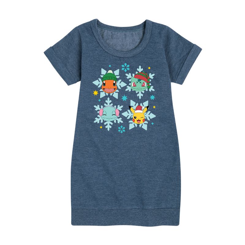 فستان بناتي من الصوف بأكمام قصيرة مطبوع عليه بوكيمون - رقائق بوكي