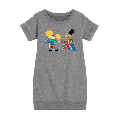 Girls' - Hey Arnold! - Arnold and Gerald Skateboard Graphic Short Sleeve Fleece Dress