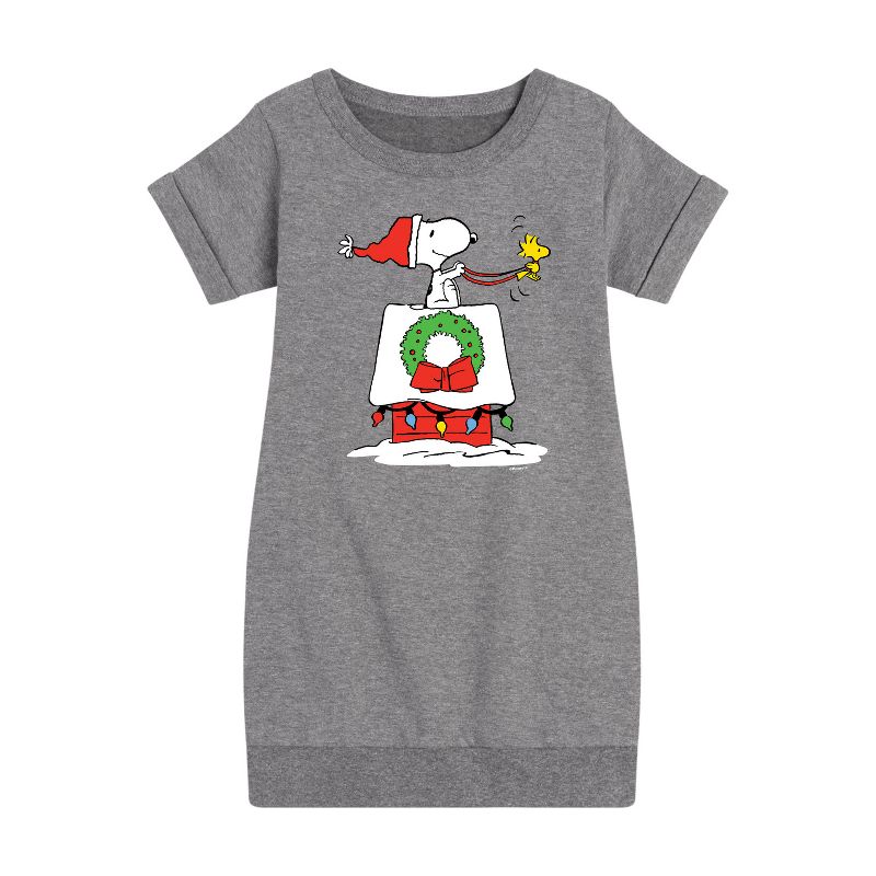 Girls' - Peanuts - Snoopy & Woodstock House Sleigh Graphic Short Sleeve Fleece Dress