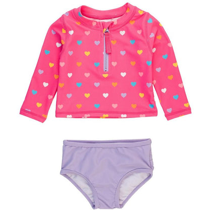 RuffleButts Baby/Toddler Girls UPF50+ Long Sleeve Zipper Rash Guard 2-Piece