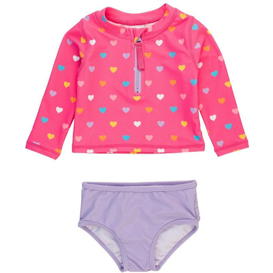 RuffleButts Baby/Toddler Girls UPF50+ Long Sleeve Zipper Rash Guard 2-Piece