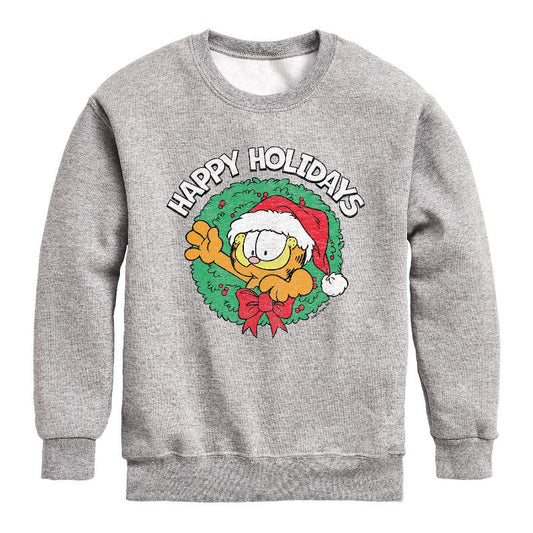 Boys' - Garfield - Happy Holidays Wreath Graphic Long Sleeve Fleece Sweatshirt