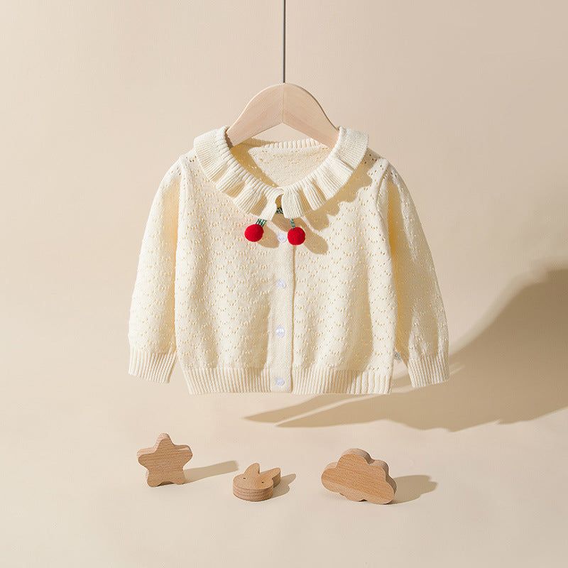 MyKids-Usa Baby Girl Solid Color Hollow Carved Design Cherry Patched Cardigan