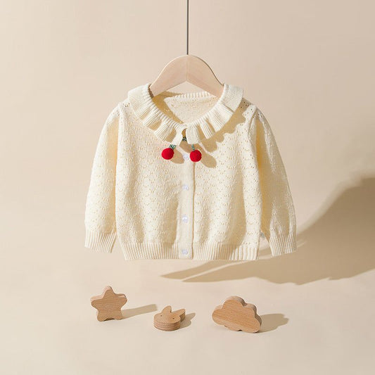 MyKids-Usa Baby Girl Solid Color Hollow Carved Design Cherry Patched Cardigan