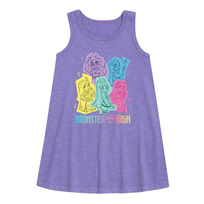 Girls' - Monster High - Pastel Character Group Graphic Sleeveless Aline Dress
