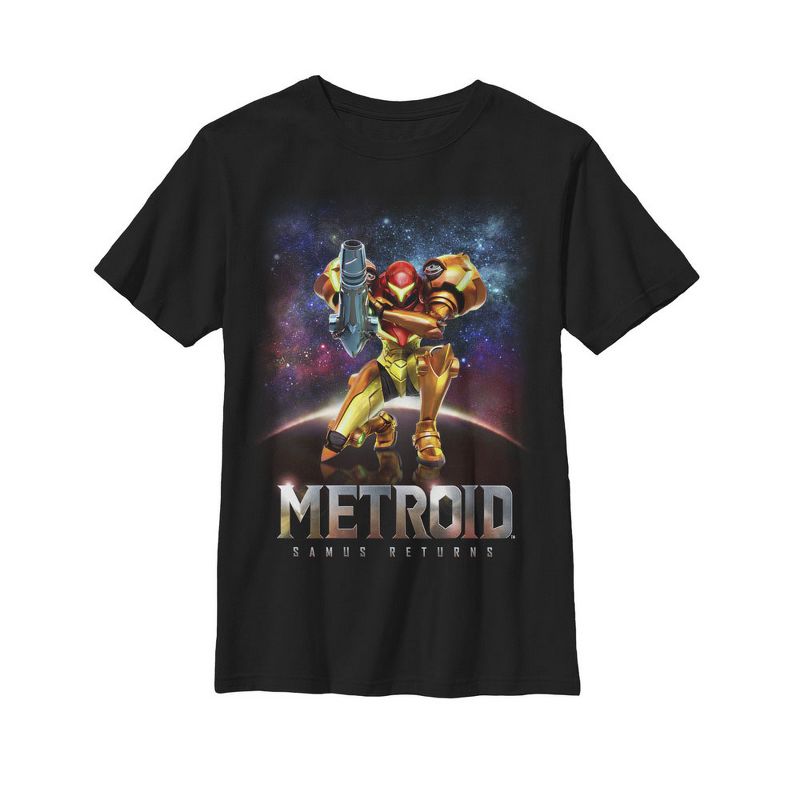 تي شيرت مطبوع عليه صورة غلاف لعبة Metroid Samus Returns للأولاد من Nintendo