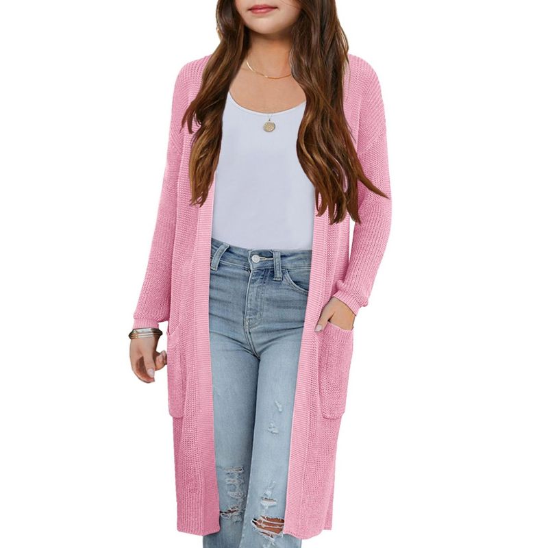 Girls Knee Length Cardigan Long Sleeve Open Front Sweater with Side Pockets