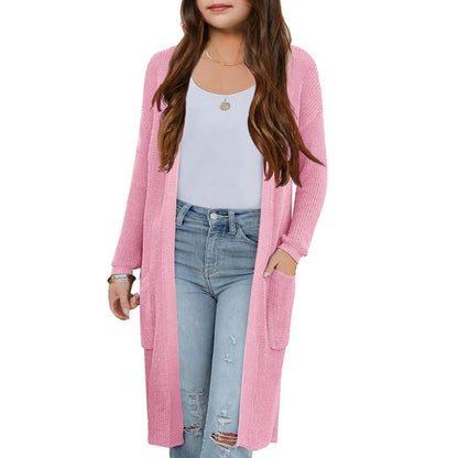 Girls Knee Length Cardigan Long Sleeve Open Front Sweater with Side Pockets