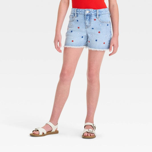 Girls' Mid-Rise Star Embroidered Cutoff Denim Shorts - Cat & Jack™ Light Wash