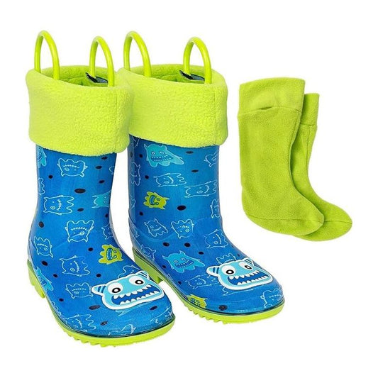 Addie & Tate Boys and Girls Rain Boots with Sock, Kids Rubber Boots- Size 8T-12 (Monster)