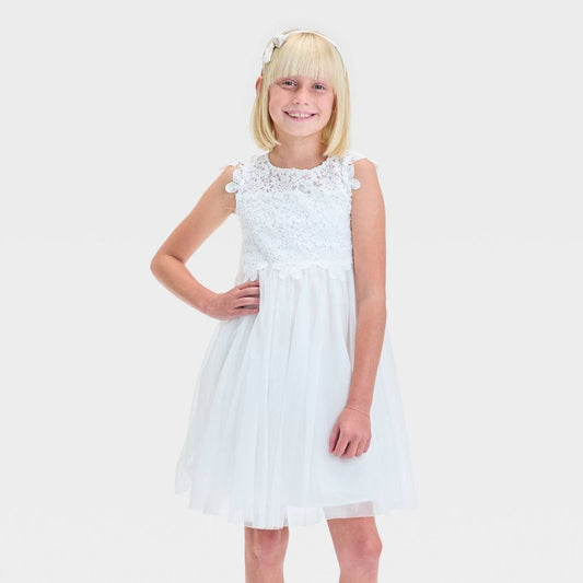 Zenzi Girls' Cap Sleeve Lace Tulle Dress - White