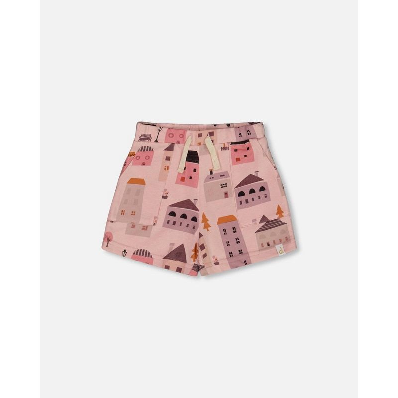 Deux par Deux Girl Printed French Terry Short Pink and Coral Houses