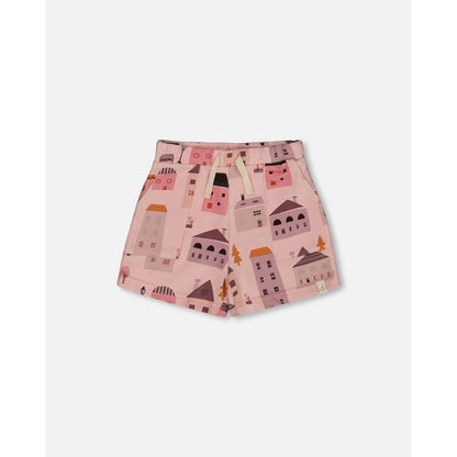 Deux par Deux Girl Printed French Terry Short Pink and Coral Houses