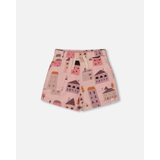 Deux par Deux Girl Printed French Terry Short Pink and Coral Houses
